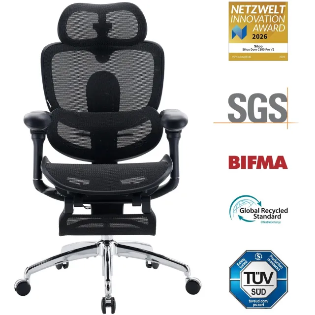 Sihoo Doro C300 Pro V2 JT - Ergonomische Bureaustoel met Full-Body Support Systeem, Zelfaanpassende Lendensteun 2.0, 3D Superwide Hoofdsteun, 8D Bionische Armleuningen, Verstelbare Zitdiepte (43-47 cm) en 135°Kantelmechanisme-Geschikt tot 150kg Zwart Pro V2 JT Zwart