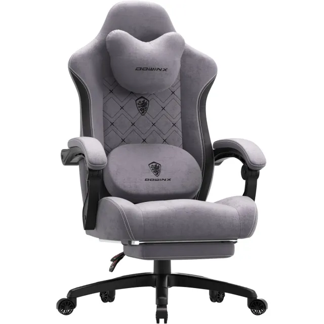 Dowinx Ergonomische Bureaustoel / Gamingstoel – Met verwarmde massage lendensteun – Met zakveer kussen en voetsteun – 150 kg draagvermogen – Grijs – Voor gamen en werken – Afmetingen – PU-leer – Grijs Grijs-zwart