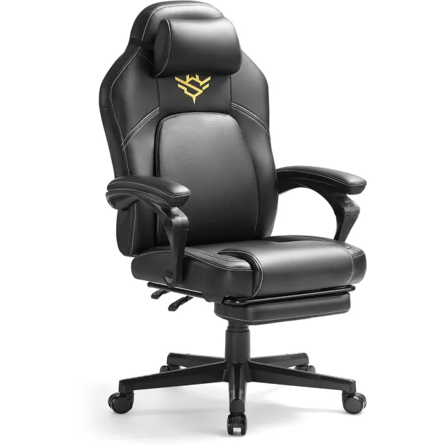 FurnStar Gaming-stoel - Ergonomische computerstoel met voetensteun - Bureaustoel - draaistoel met kussen - PU - in hoogte verstelbaar - 70 x 70 x (119-129) cm - inktzwart