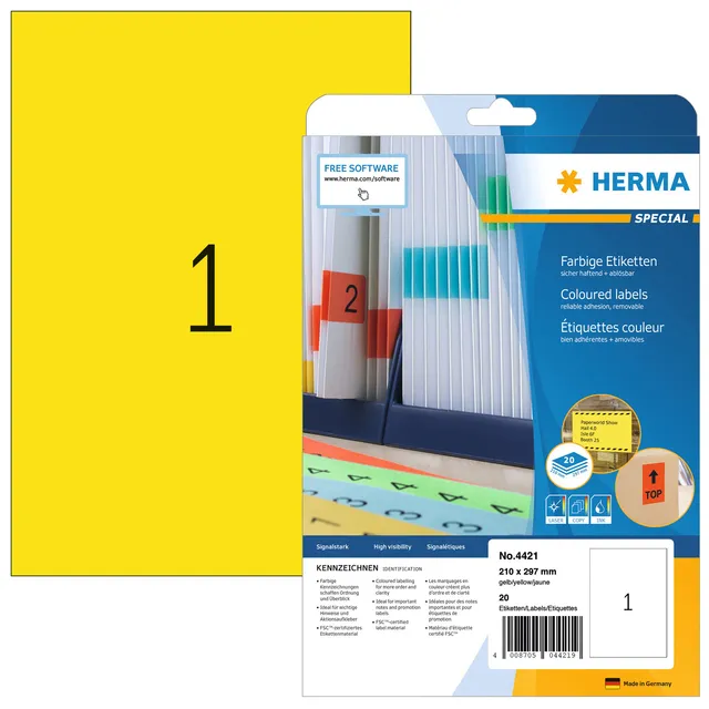 Etiket HERMA 4421 210x297mm A4 verwijderbaar geel 20 stuks