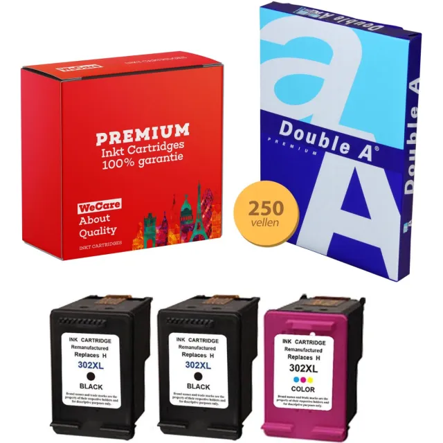 WeCare 3-pack Geschikt voor HP 302XL Inktcartridges + pak DoubleA papier - Geschikt voor HP Deskjet 1110 - 3630 - HP Envy 4520 - 4524 - Officejet 3830 - 4650 - 5220 Multipack 2x Zwart + Kleur