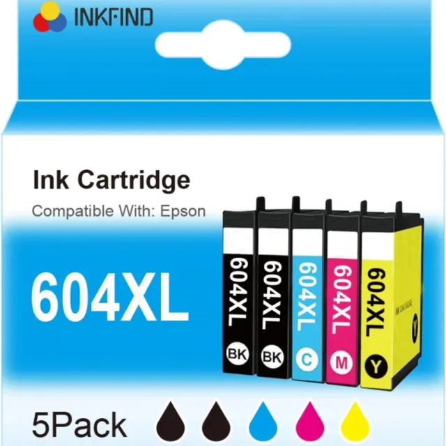 INKFIND 604XL inkt voor Epson 604XL Epson 604 Epson604 Epson604XL inktcartridges multipack van 5 stuks (2 x Zwart, 1 x Cyaan, 1 x Magenta, 1 x Geel) voor Epson Expression Home XP-2200/2205 XP-3200/3205 XP-4200/4205 Workforce WF-2910/2930/2935 WF-2950 Zwart x 2, Cyaan x 1, Magenta x 1, Geel x 1