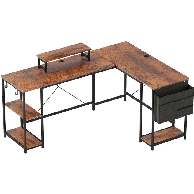 FANGDE L-vorm hoekbureau computerbureau tweepersoons werk- en gametafel studeertafel 168x120x90cm bruin met 2 haken opbergvak opbergtas en monitorstandaard stevig duurzaam metalen frame eenvoudig te monteren en schoon te maken