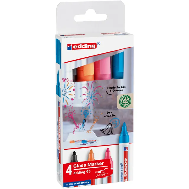 Viltstift edding 95 glasbord rond 1.5-3mm inclusief zwart assorti set à 4 stuks