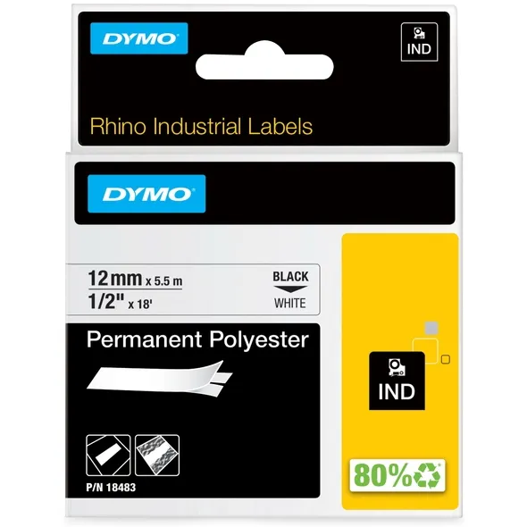 Dymo Labeltape Dymo Rhino industrieel polyester 12mm zwart op wit