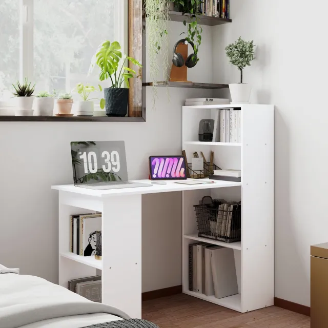 REDOM Bureau met opbergrek - 4 legplanken en 2 open vakken - Grote werkplek - Minimalistische stijl - Thuiswerk en kantoor - Spaanplaat - Wit - 120 x 55 x 120 cm
