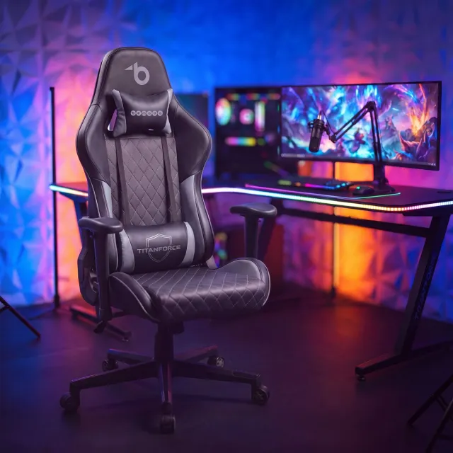 Bemada Gamingstoel - Ergonomisch PU-Leer - 2D Verstelbare Armleuningen - Nek- En Lendensteun - Racing-Stijl Wielen - Zwart/Grijs - 122 x 65 x 53 cm - Max 110 kg [BMD1124GY] Meerkleurig