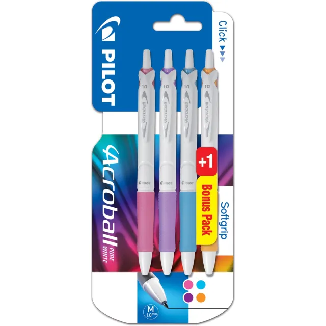 Pilot balpen Acroball Pure White, blister van 3 + 1 gratis, in vrolijke kleuren blauw