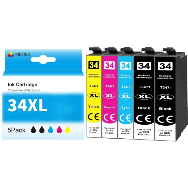 INKFIND 34XL T3476 inktcartridge 5 Pack (Zwart*2+Cyaan+Magenta+Geel) compatibel met Epson T3471/T3471/T3472/T3473/T3474 voor EPSON WorkForce Pro WF-3720DWF, WF3720, WF3725, WF-3720, WF-3725, EPSON WorkForce Pro WF-3725DWF - 5-pack BK/C/M/Y Zwart x 2, CYAAN x 1, MAGENTA x 1, GEEL x 1