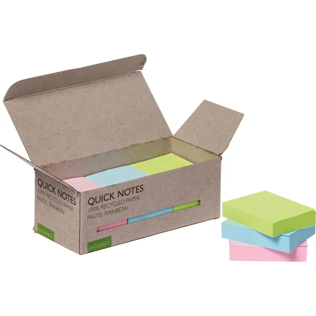 Q-CONNECT Quick Notes Recycled pastel, ft 38 x 51 mm, 100 vel, doos van 12 stuks in geassorteerde kleuren blauw