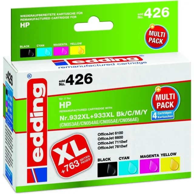 Edding Inktcartridge vervangt HP 932XL, 933XL Compatibel Combipack Zwart, Cyaan, Magenta, Geel 18-426 Kleurloos