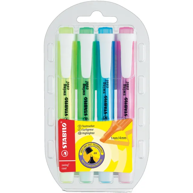 Stabilo swing cool markeerstift, blister van 4 stuks in geassorteerde kleuren blauw