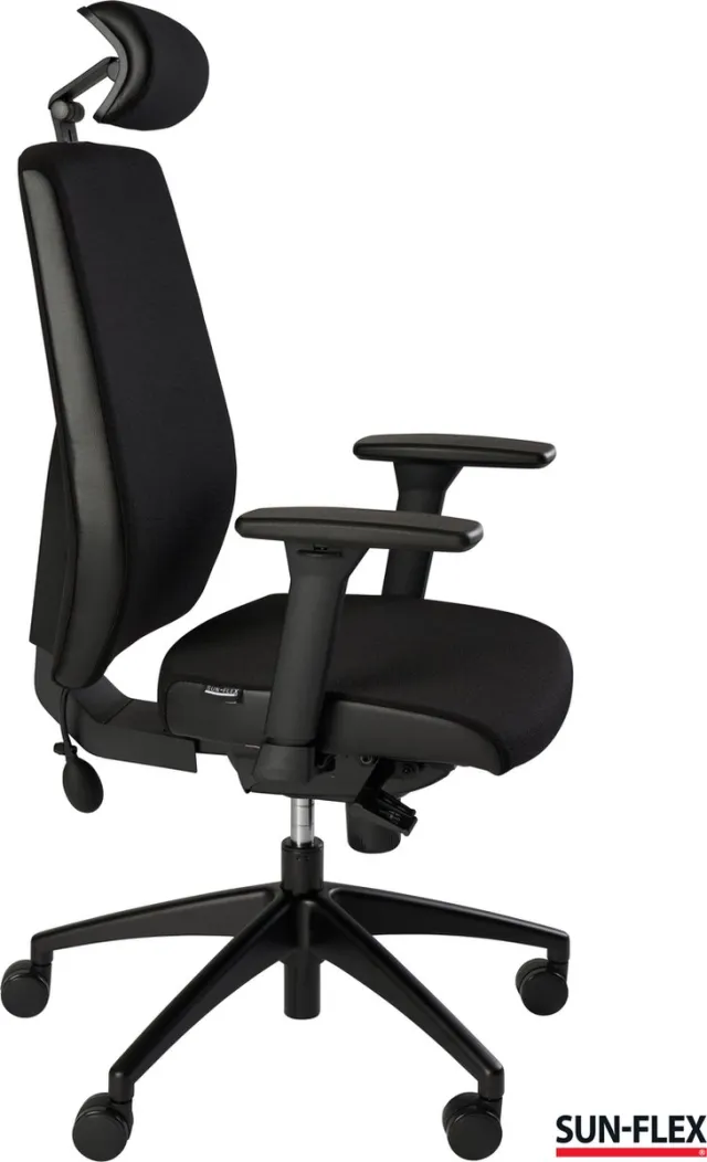 Sun-Flex ®OFFICECHAIR HB - Ergonomische bureaustoel - Zweedse kwaliteit - goede prijs/kwaliteit verhouding - lendensteun oppompbaar - afneembare 4D armleuningen en 3D hoofdsteun - volledig instelbaar - recyclebare materialen - belasting tot 120 kg Zwart