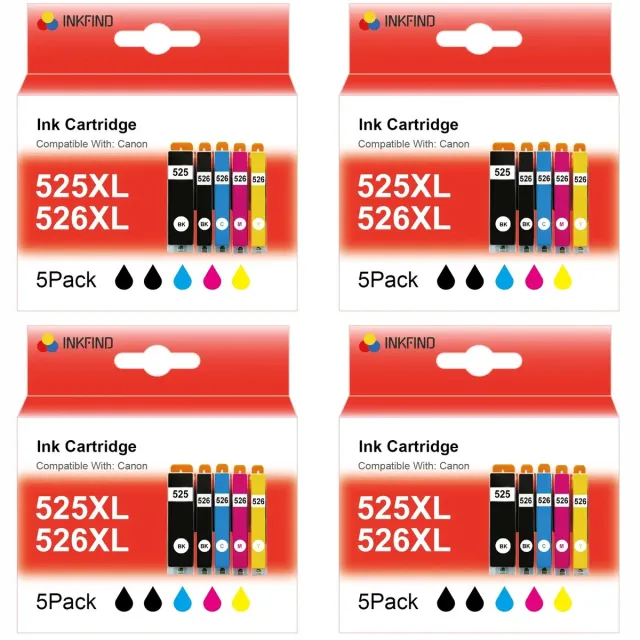 INKFIND 525XL 526XL inktcartridge voor Canon 525XL 526XL PGI-525 CLI-526 PGI525 CLI526 inktcartridge multipack 20 stuks (4*5pack=Zwart x 4, foto Zwart x 4, Cyaan x 4, Magenta x 4, Geel x 4) voor Canon Pixma IP4800 IP4850 IP4950 IX6550, MG5150 MG5200