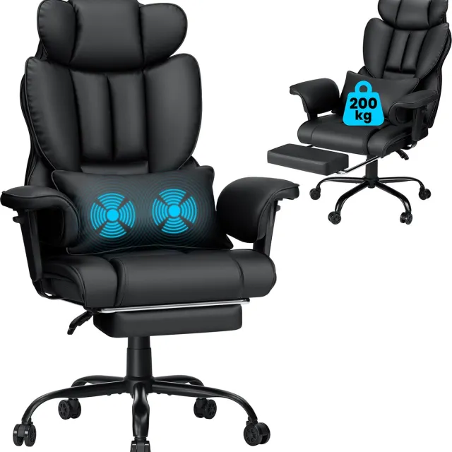 Hoffree XXL Ergonomische Leren Bureaustoel Upgrade met Voetensteun en Massage, Hoge Draaibare Stoel met Verstelbare Hoofd- en Armleuningen, 165° Kantelbaar, tot 200 kg, Zwart