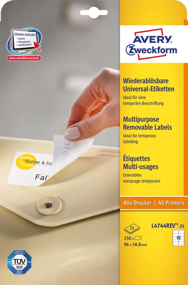 Avery Zweckform Avery afneembare witte etiketten Stick & Lift ft 96 x 50,8 mm, 250 stuks, 10 per blad