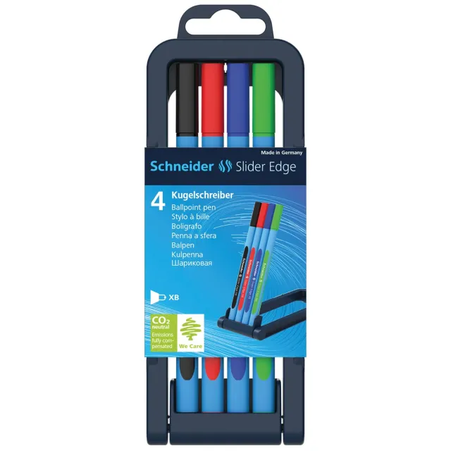 Schneider balpen Slider Edge, extra breed, geassorteerde kleuren, opstelbare doos van 4 stuks blauw