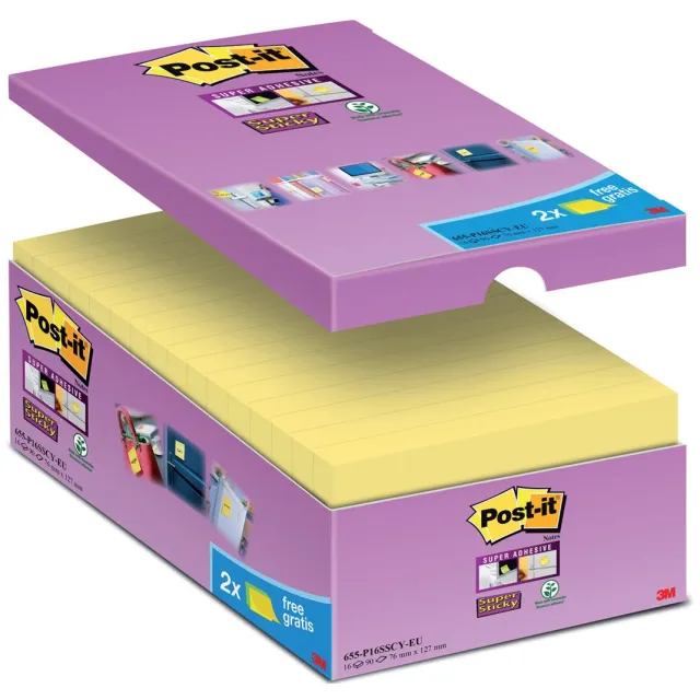 Post-it Super Sticky notes, 90 vel, ft 76 x 127 mm, geel, pak van 14 blokken + 2 gratis