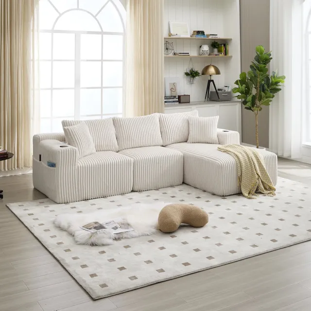 DESMIU Hoekbank 257 x 160 cm - Modulaire Chaiselongue En 2-Zits Met 5 Kussens, Zijvakken En Bekerhouders - Woonkamer - Corduroy Beige
