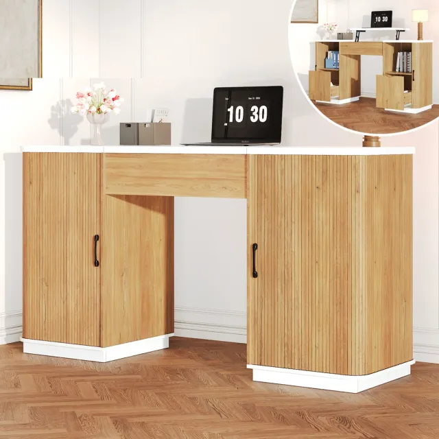 MODENUIT Bureau 140 x 50 cm - Hoogteverstelbaar Met Opbergruimte - Voor Thuiswerk - MDF - Wit Eikeneffect