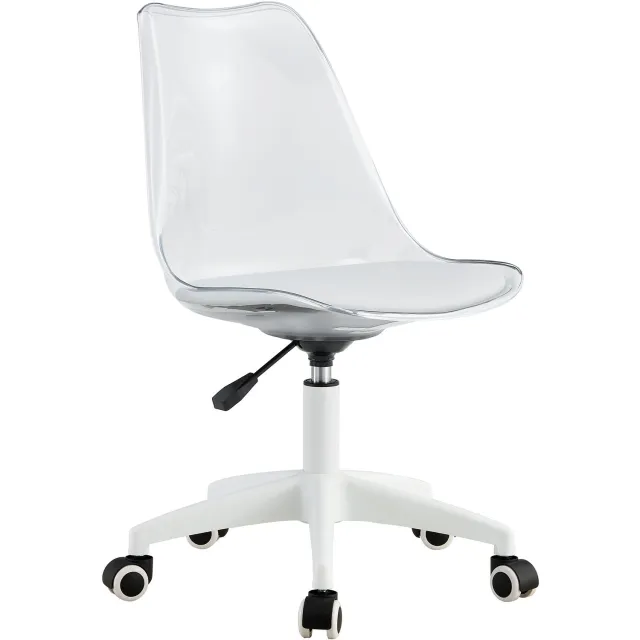 MUVANO Witte draaistoel met transparante rugleuning - Kaptafelstoel op wielen - Hoogteverstelbaar met gasveer - Acryl en PU - Voor bureau en werkruimte