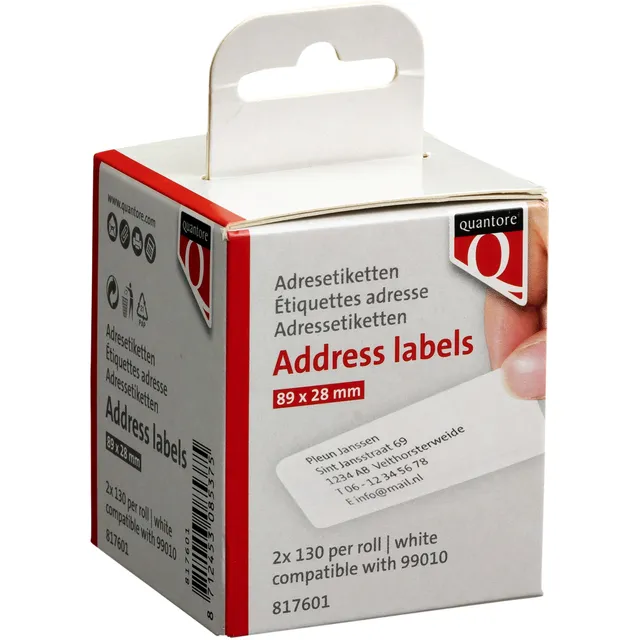 Quantore Labeletiket Quantore 99010 28x89mm adres wit 2 rollen
