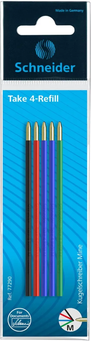 Schneider balpenvulling Take 4, geassorteerde kleuren, etui van 5 stuks blauw