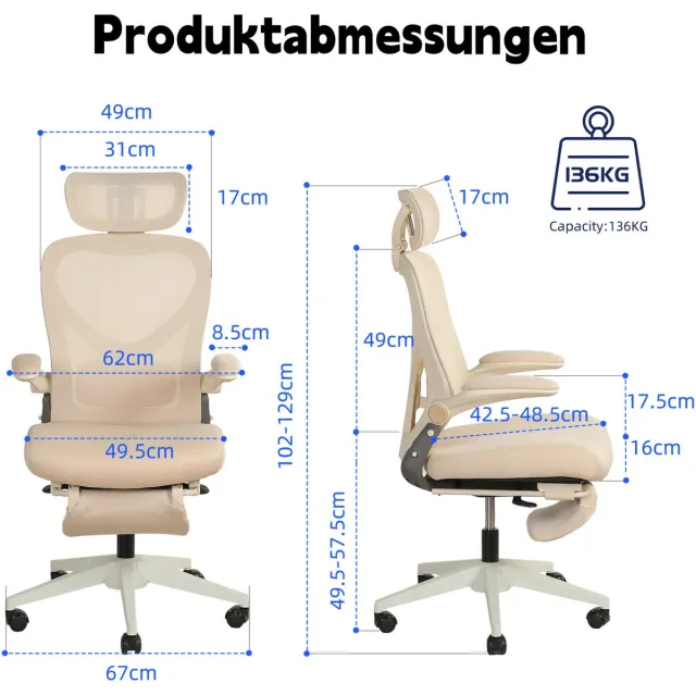 FloraGrace Ergonomische Bureaustoel 67 x 102-129 cm - 3D Hoofdsteun En Lendensteun - Werk, Studie Of Gamen - Schuim - Crème Cream