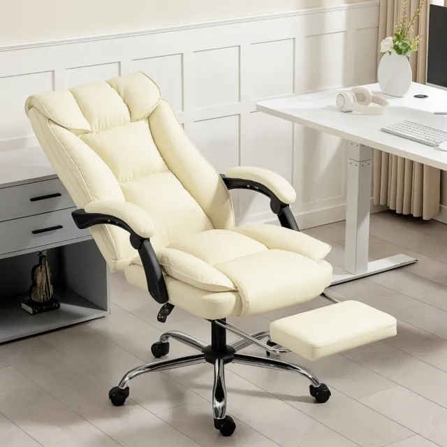 DESMIU Bureaustoel 66 x 72 x 113-121 Cm - Ergonomisch Met Voetsteun En Verstelbare Rugleuning - Voor Kantoor En Thuiswerkplek - Kunstleer - Beige En Zwart