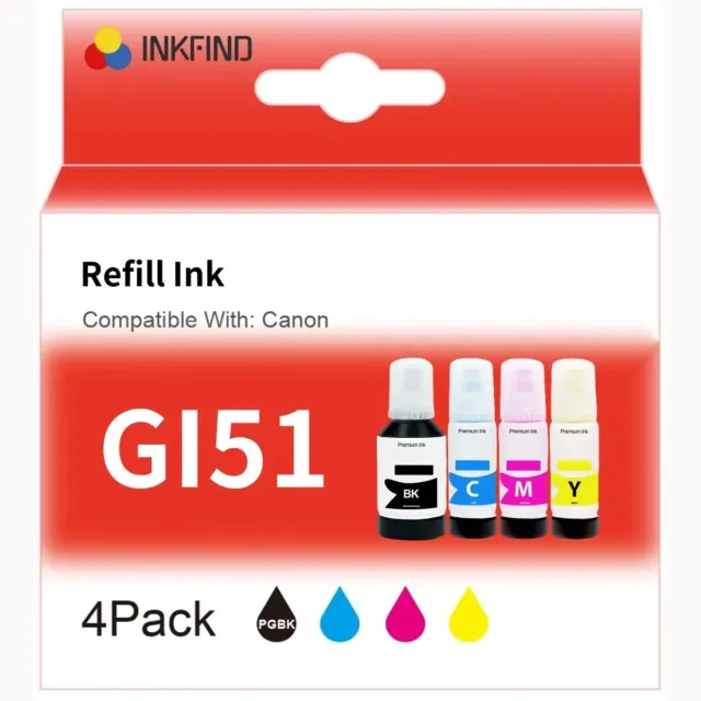 INKFIND GI51 GI41 inkt geschikt voor CanonGI51 CanonGI-51 Canon GI51 Canon GI-51 CanonGI41 CanonGI-41 Canon GI41 Canon GI-41 Megatank 4-kleuren multipack voor Canon PIXMA G1520 G1560 G2520 G2560 G3520 G3560 Canon PIXMA G1420 G2420 G2460 G3420 G3460 140ml Zwart x 1, 70ml Cyaan x 1, 70 ml Magenta x 1, 70 ml Geel x 1
