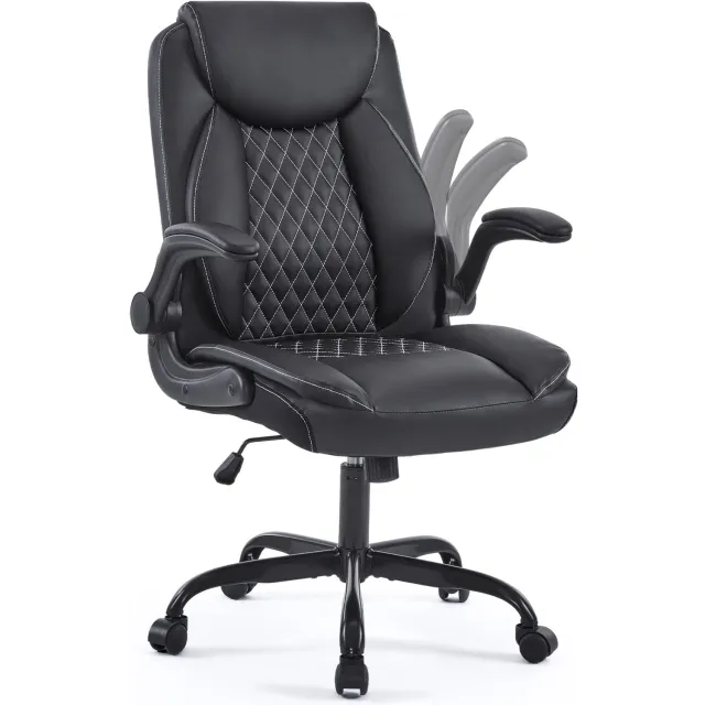Clruro Bureaustoel - 64x64x102 cm - Ergonomisch - Klaparmleuningen - Kunstleer - Zwart Clruro
