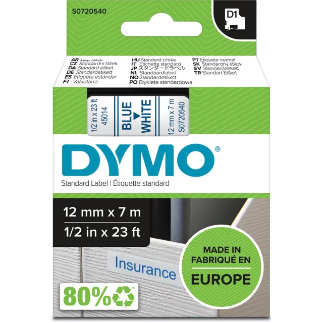Dymo D1 tape 12 mm, blauw op wit