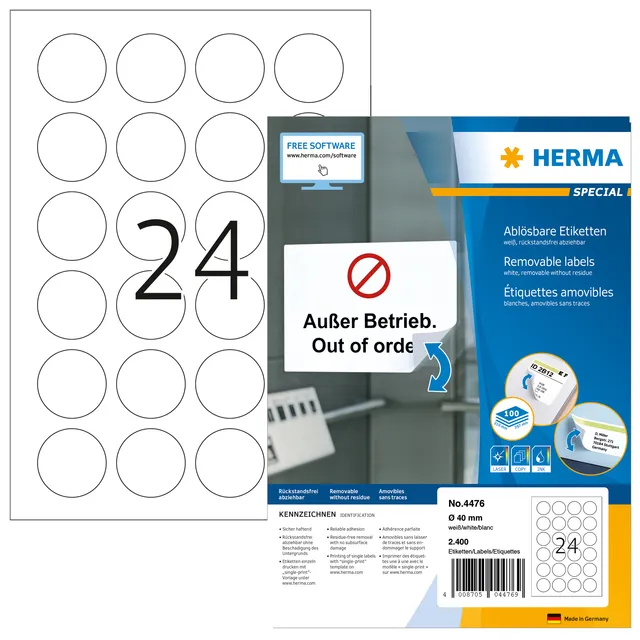 Herma Etiket HERMA 4476 40mm verwijderbaar wit 2400 stuks