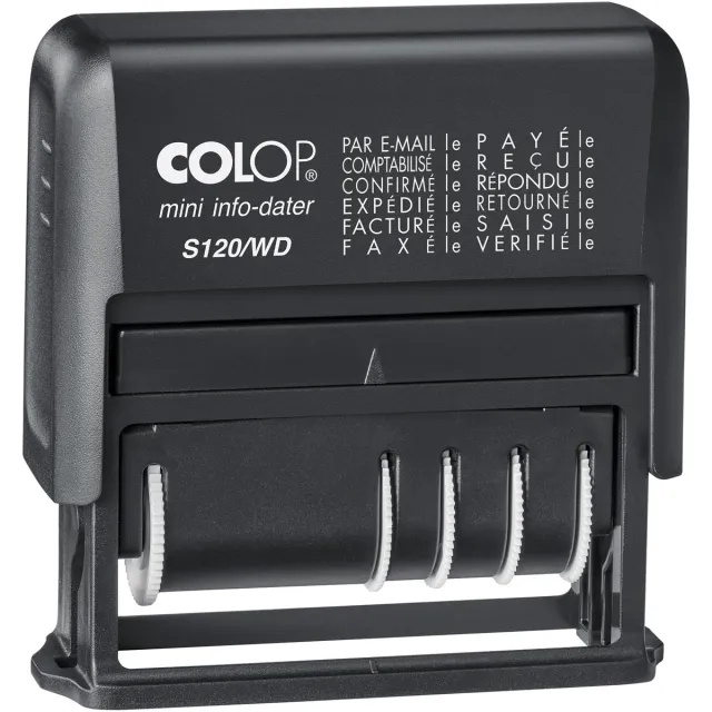 Colop tekststempel Mini-Info Dater S 120/WD, met datum en 12 verschillende woorden, frans