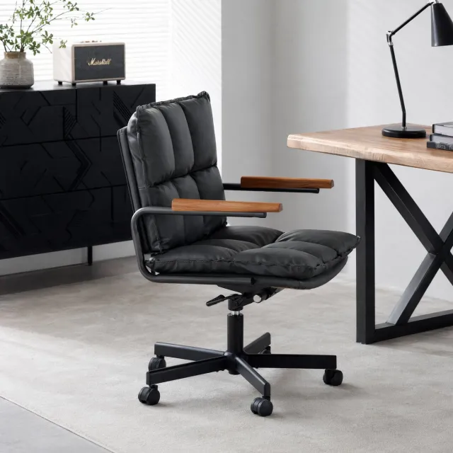 REDOM Bureaustoel - Kunstleer - In hoogte verstelbaar - 360° draaibaar - Met wielen en vaste houten armleuningen - Thuiswerkplek - Metaal - Zwart - 65 x 46 x 72 cm