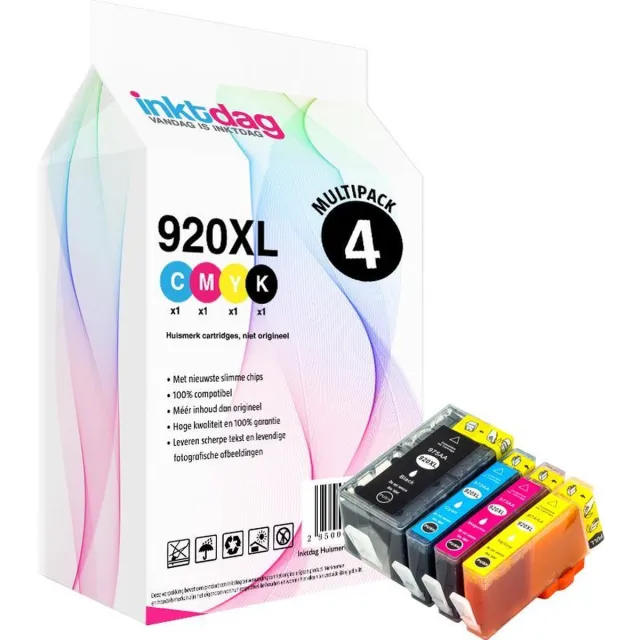 inktdag Inktcartridge voor HP 920XL cartridges, hp 920xl multipack zwart + kleur set 4 pak geschikt voor printers HP Officejet 6000 , 6500 , 6500 A , 6500 A Plus , 7000 , 7500 A , Pro 6000 Zwart/Cyaan / Magenta / Geel