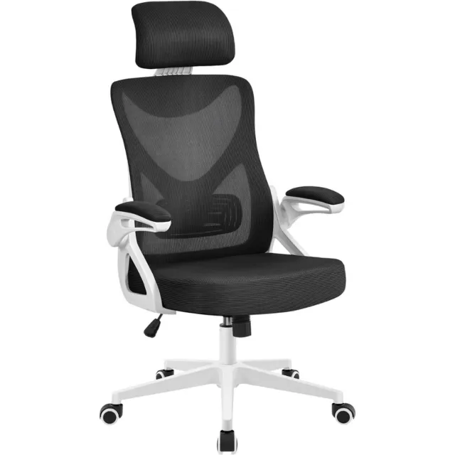 Yaheetech bureaustoel Ergonomisch, bureaustoel met opklapbare armleuningen, draaistoel met rugleuning en verstelbare hoofdsteun, belastbaar tot 136 kg - Wit/Zwart
