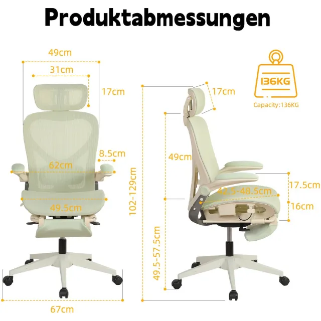 DESMIU Bureaustoel 129 cm - Ergonomisch Met 3D Hoofdsteun En Verstelbare Lendensteun - Inklapbaar Met Voetensteun - Voor Werk En Studie - Netstof Groen
