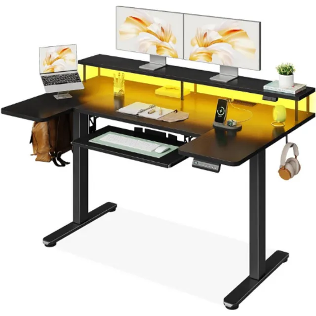 OffiGo U-Vormig Elektrisch Zit Sta Bureau 140 Cm - In Hoogte Verstelbaar Bureau Met Monitorstandaard - Stopcontacten En Usb Poort - Led Verlichting - Gaming En Kantoor Bureau Zwart