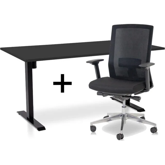Lineaflex MRC Zit-sta bureau elektrisch verstelbaar + ERGO Bureaustoel | ARBO EASY Thuiswerkset | frame bureau zwart - bureaublad zwart | 160x80 cm Zwart bureauframe