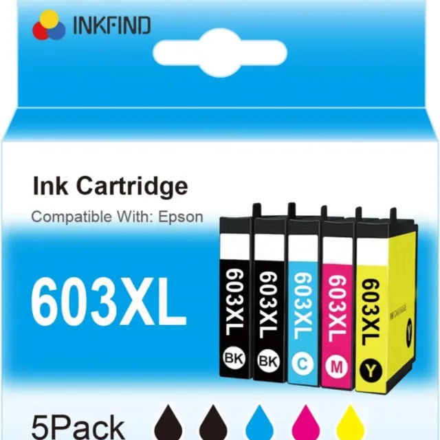 INKFIND 603XL inkt voor Epson 603 Epson603 Epson 603XL Epson603XL inktcartridge multipack van 5 stuk (2*Zwart, 1*C/M/Y) voor Epson Expression Home XP-2105, XP-3100, XP-3105, XP-4100, XP-4105, Epson Workforce WF-2830DWF, WF-2835DWF, WF-2850DWF Zwart x 2, Cyaan x 1, Magenta x 1, Geel x 1