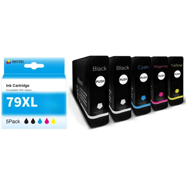 INKFIND 79XL inktcartridge 5 Pack (Zwart x 2 / Cyaan x 1 / Magenta x 1 / Geel x 1) compatibel met Epson T7901/T7901/T7902/T7903/T7904 (5 Pack) voor Epson WorkForce Pro WF-4630DWF WF-4640DTWF WF-5110DW WF-5190DW WF-5620DWF WF-5690DWF - 5-pack BK/C/M/Y Zwart x 2, CYAAN x 1, MAGENTA x 1, GEEL x 1