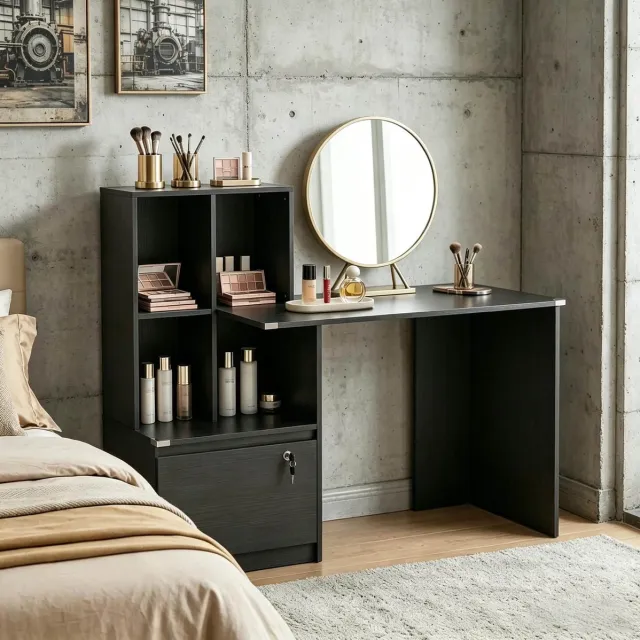DESMIU Computerbureau – Met Opbergrek En Afsluitbare Lade – 126 x 50 x 109 cm – Spaanplaat – Zwart – Werkplek En Studie