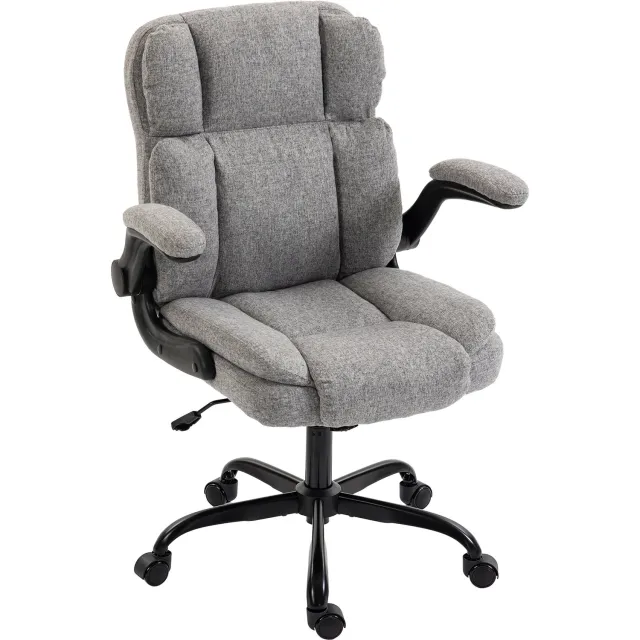 MUVANO Grijze stoffen bureaustoel - Opklapbare armleuningen - Linnenlook - 70 x 67 x 90-108 cm - Draaibaar met schommelfunctie - Voor thuiswerken - Zithoogte 49-59 cm Grijs