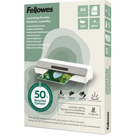 Fellowes Lamineerhoes Fellowes A6 light 50% gerecycled glans 100stuks
