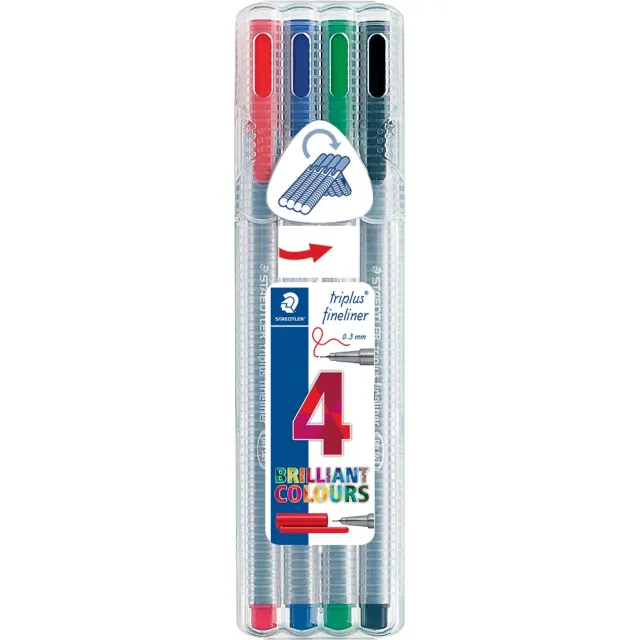 Staedtler fineliner Triplus geassorteerde kleuren, opstelbare box met 4 stuks blauw