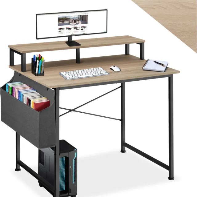 Tectake Bureau met opbergtas en monitorstandaard - Computerbureau - Houten bureaublad - Industrieel design - Zwart metalen frame - Afmetingen (LxBxH) 120 x 55x 90 cm - Lichtbruin