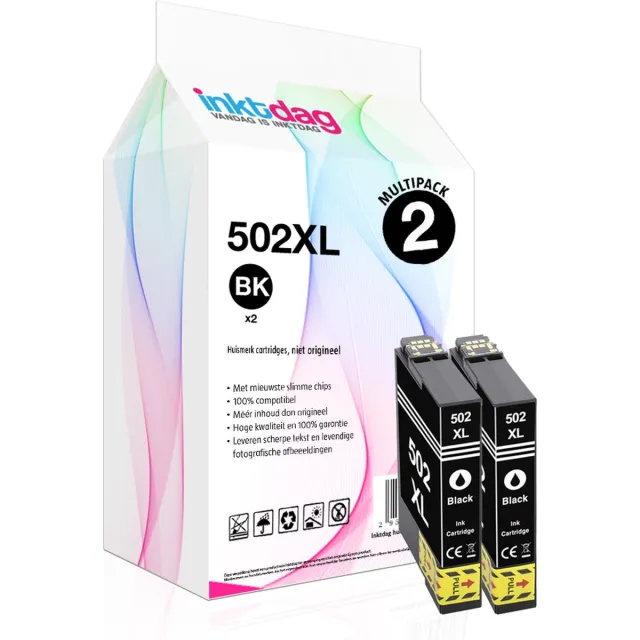 inktdag inktcartridges voor Epson 502XL BK, Epson 502 zwart multipack van 2 stuks (Epson 502xl zwart *2) voor Epson Expression Home XP-5105 XP-5100 Workforce WF-2860DWF WF-2865DWF XP5105 WF-2860 Zwart x 2