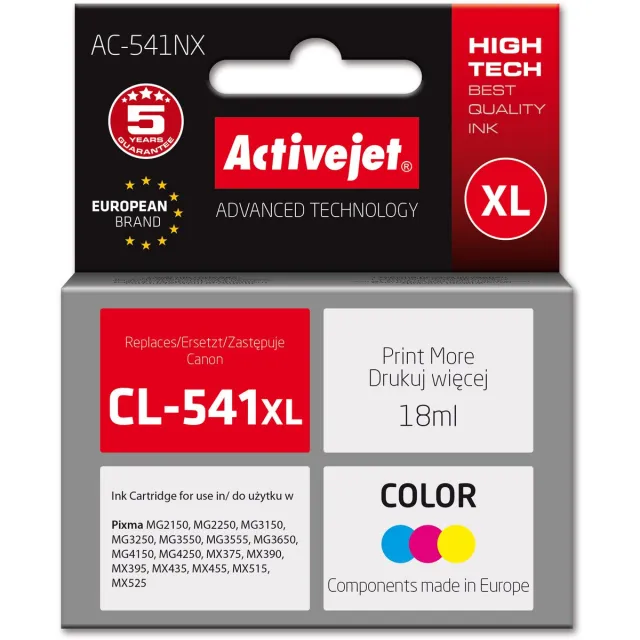 ActiveJet AC-541NX inkt voor Canon printer (vervanging Canon CL-541XL) Supreme, 18 ml, blauw, geel, rood Blauw;Rood;Geel