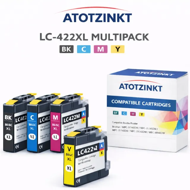 AtotZinkt premium huismerk inkt cartridges voor Brother 422 / LC-422 inktcartridges - Multipack 4 Kleuren - Geschikt voor Brother MFC-J5340DW, J5345DW, J5740DW, J6540DW en J6940DW BK/C/M/Y